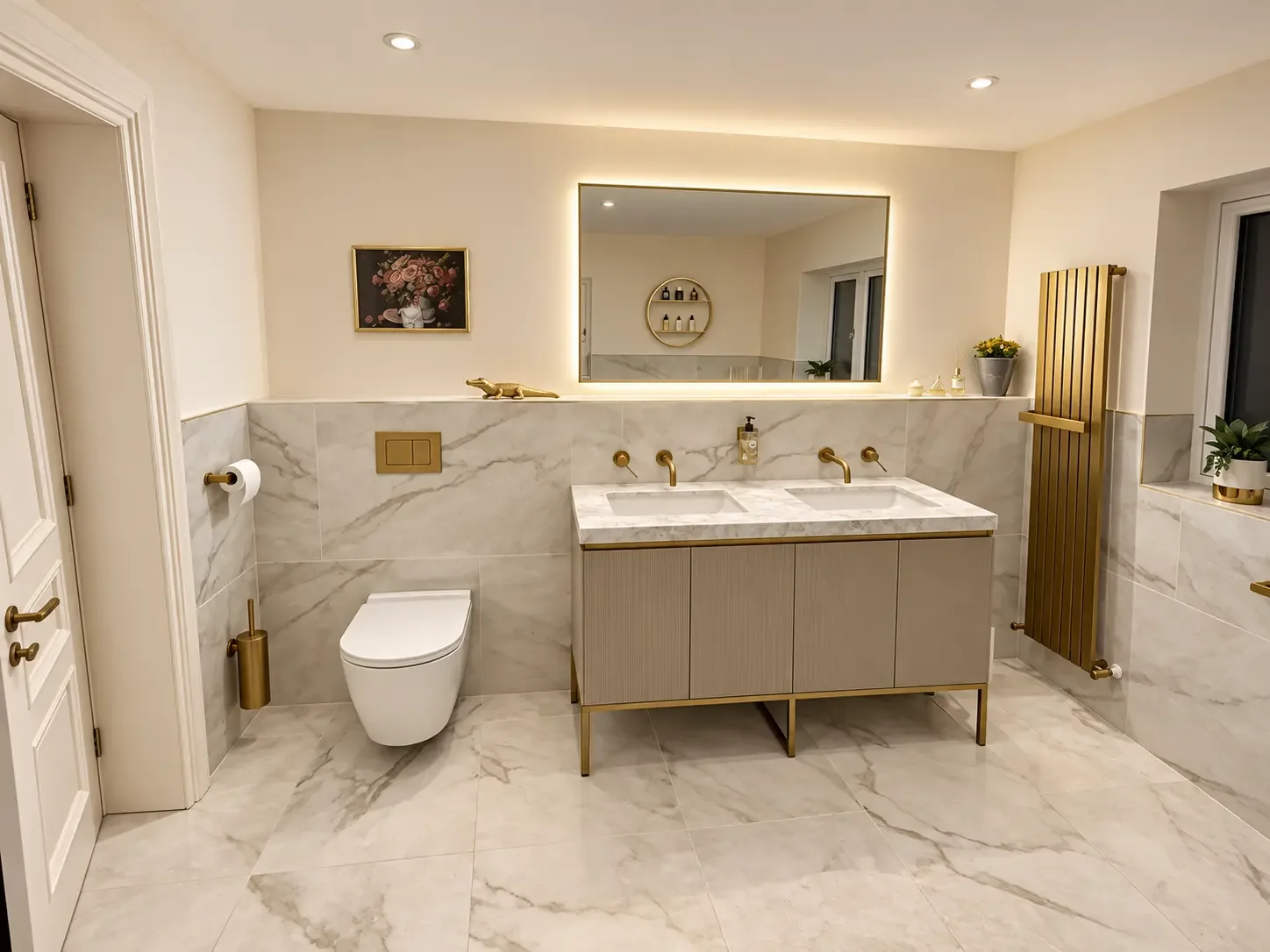 Bathroom with marble-effect tiles, a double vanity with brass frame and taps, an illuminated mirror, a wall-hung WC and a brass towel radiator