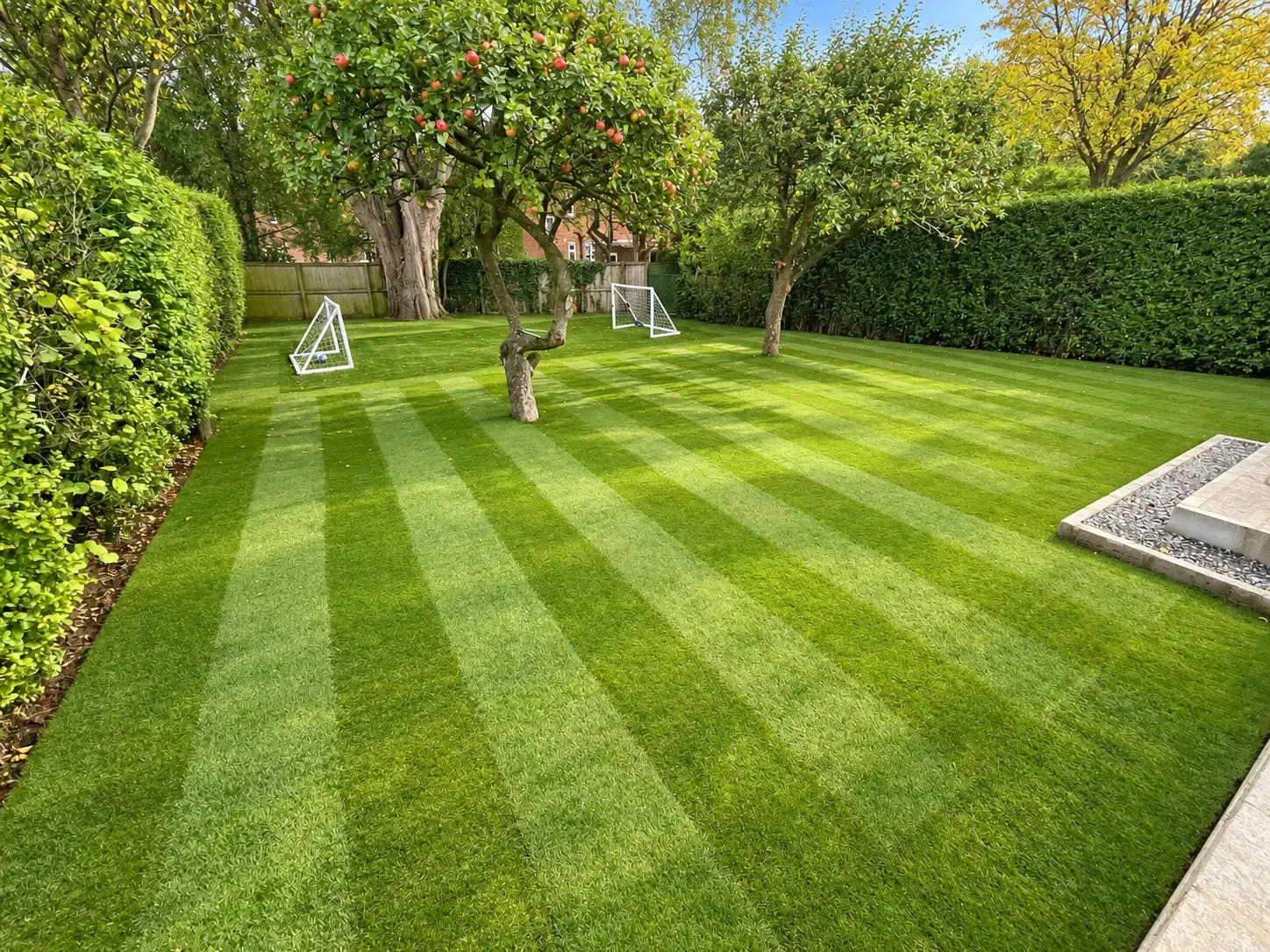 Large striped lawn with fruit trees, tall hedges on either side and a paved patio edge with a pebble border