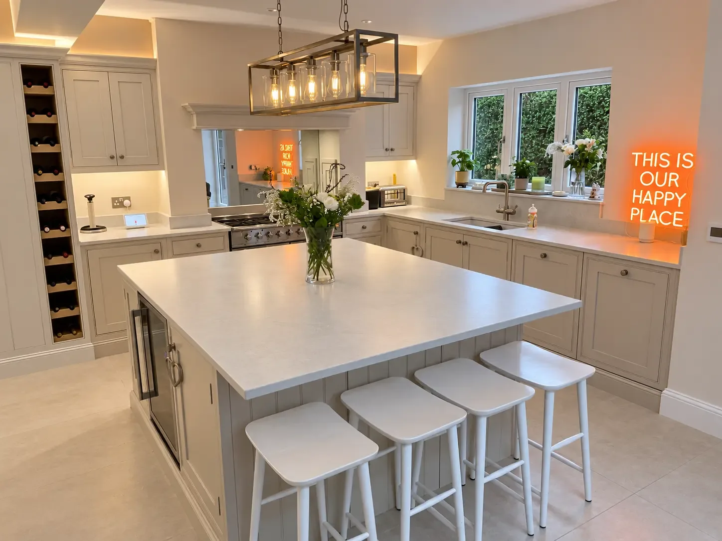 Painted in-frame kitchen with a large pale-topped island and four white stools, a lantern pendant, a range cooker beneath a mirrored splashback and a built-in wine rack