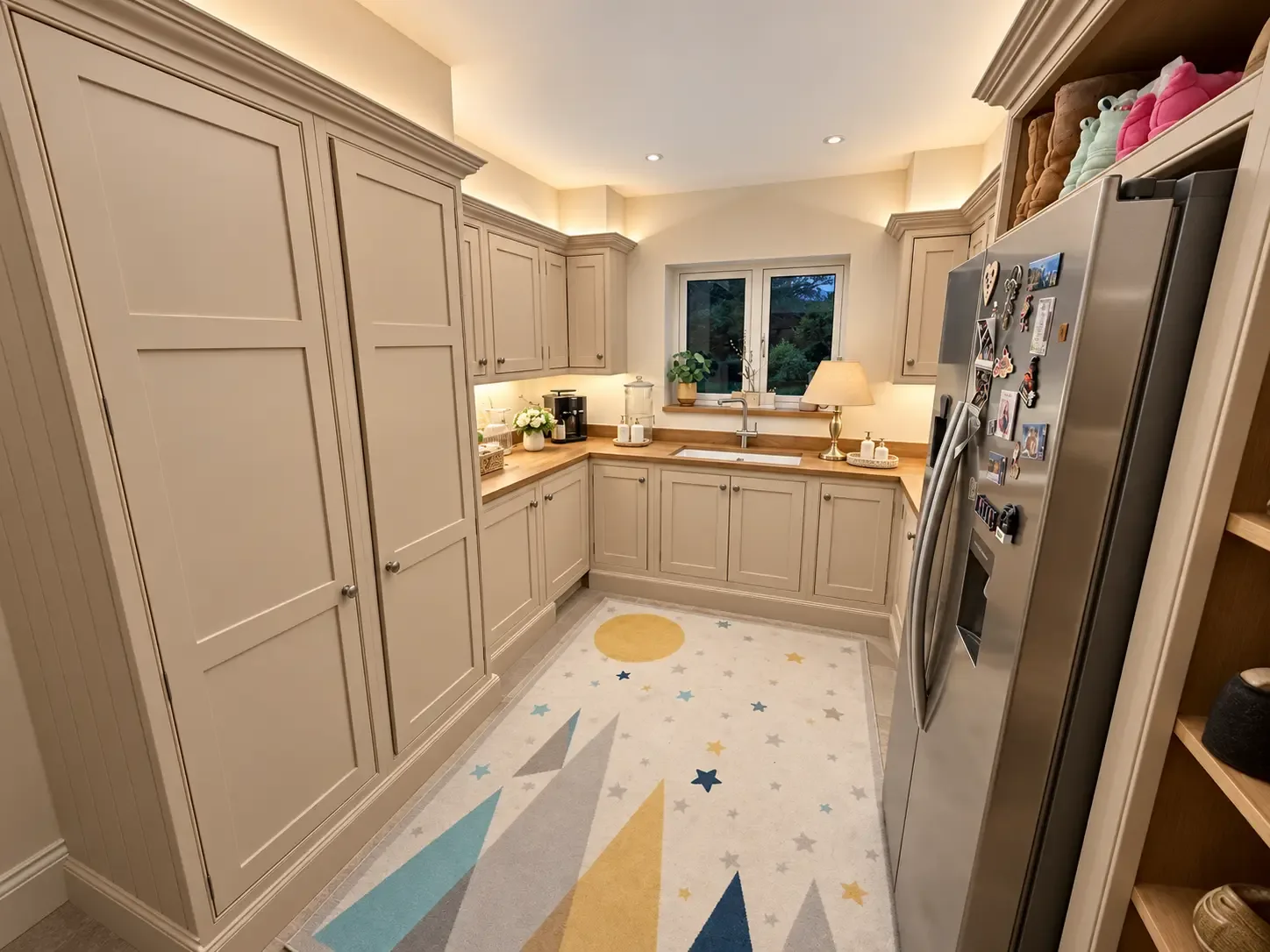 Utility room with tall painted cabinets, a timber worktop with sink beneath a window and an American-style fridge freezer